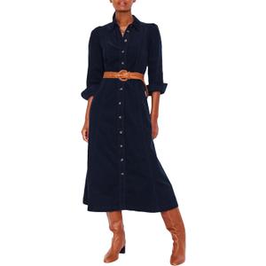 YEXPINE Women's Corduroy Maxi Dress Long Sleeve Cord Button Down Fall Shirt Long Dress with Belt (Large, Navy)