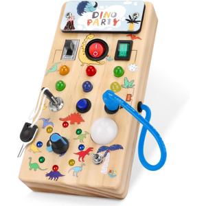 Dinosaur Busy Board with 8 LED Light Switches, Toddler Montessori Busy Board with Light Switch, Sensory Travel Toys, Montessori Toys for 1+ Year Old Boys