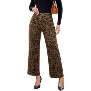 luvamia Wide Leg Jeans Woman Trendy High Waisted Leopard Cheetah Print Ankle Length Stretchy Denim Pants with Pockets (Large)