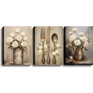 Kitchen Wall Art 3 Pcs Vintage Canvas Fork Knife Spoon Picture Retro White Flower in Pot Painting Print Arkwork for Dining Room Restaurant Home Decor Framed(Art-4,11.00"x14.00"x3P)