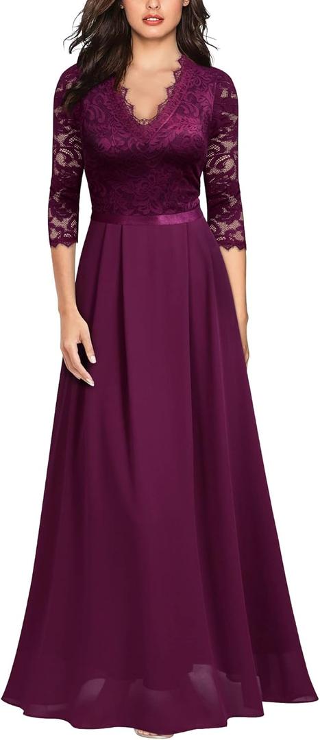MISSMAY Women's Formal Floral Lace 2/3 Sleeves Long Evening Party Maxi Dress (Red, S)