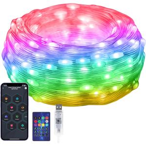 RGB Smart IC String Lights Indoor 16FT/5M [APP & Remote Control], 50 LEDs Multicolor Fairy Lights, USB Powered & IP65 Waterproof, Music/Voice Sync, Fairy String Lights for Christmas, Party