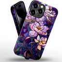 Case for iPhone 15 Pro,Fits Glossy Case Design for Girl Women,Stained Glass Flower Floral Purple