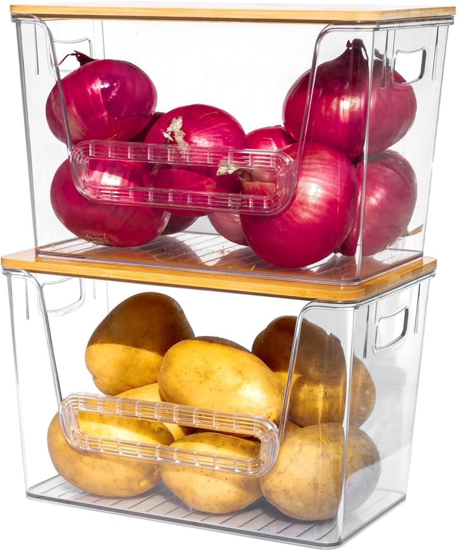 Set of 2 Pantry Organizers and Storage, Stackable Kitchen Counter Basket for Potato, Onion, Fruit, Vegetable, Produce, Clear Front Open Bins with Handle, Bamboo Top