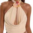 Verdusa Women's Sexy 3D Floral Halter Top Draped Backless Mesh Crop Summer Going Out Tops (Medium, Apricot)