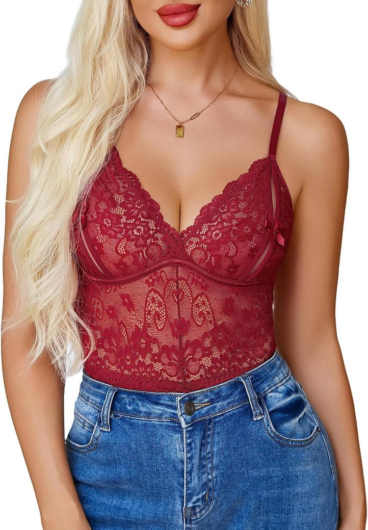 Sexy Teddy Lingerie for Women Lace Bodysuit One Piece Mini Babydoll | Mesh Body suit Sheer Lingerie Hollow out,Unique Crotch,One Piece,V Neck Adjustable straps,Nightwear,Goingt Out,Club (L)