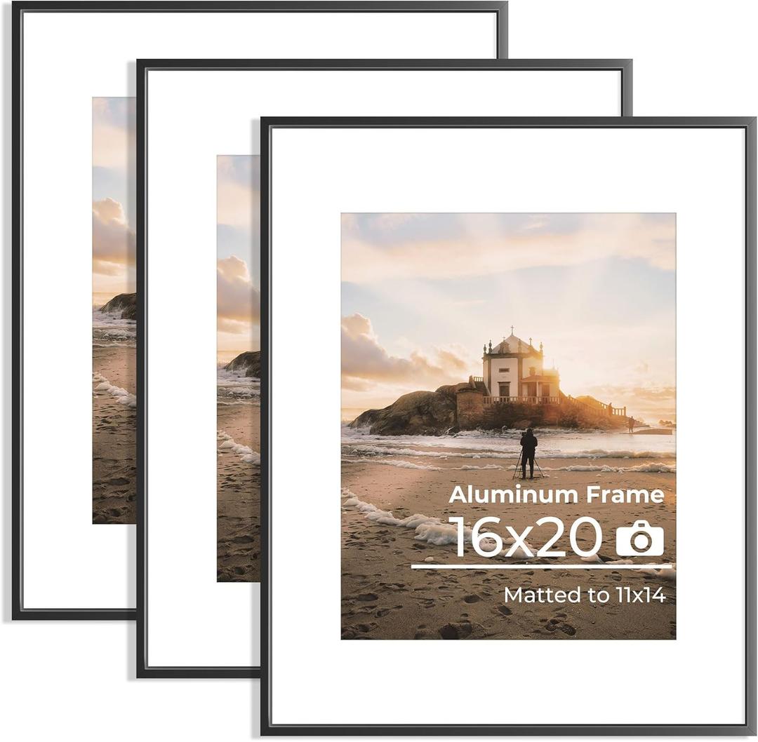 16x20 Metal Picture Frame Black, Aluminum Poster Frame with Removable Mat for 11x14 Photo, 16 x 20 Thin Hanging Frames, Simple and Elegant Decor for Wall Mounting, set of 3