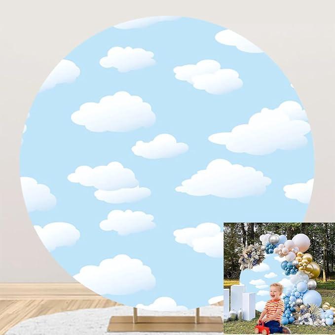 Blue Sky White Clouds Round Backdrop Cover Cartoon Sky Clouds Photo Background Kids Boy Baby Shower Newborn Birthday Party Decorations Dessert Cake Table Banner Arch Photo Booth Props 7.5ft