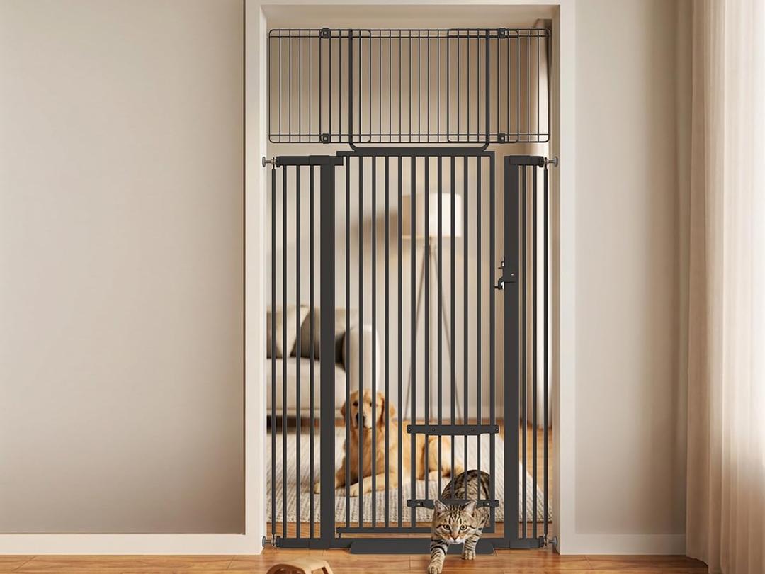 71" Extra Tall Cat Gate 29.5-40.6 Wide Pet gate with Small Cat Door,Pet Gate NO Drilling Pressure Mount Kit for Cats and Dogs Indoor Doorways liveing Room Bedroom-Black