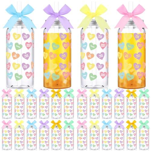 Qinyoung 24 Pack Reusable Valentine's Day Cups with Lids and Straw Bows Candy Conversation Heart Plastic Cups 13.5oz Valentine's Party Clear Drinking Cup Tumblers for Galentines Party Supplies Gifts