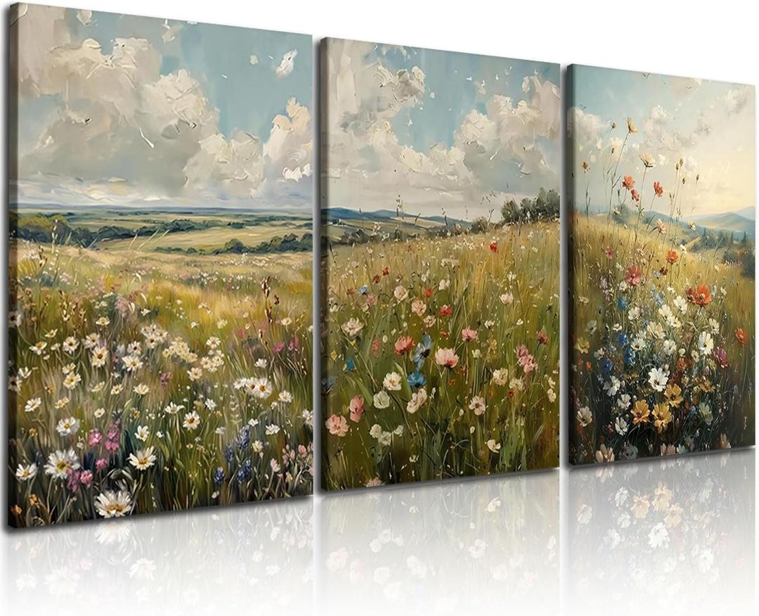 3pcs vintage wildflower wall art farmhouse field landscape canvas decor natural scenery colorful floral oil painting print suitable for living rooms bedrooms studies and offices16x24 Inches Framed