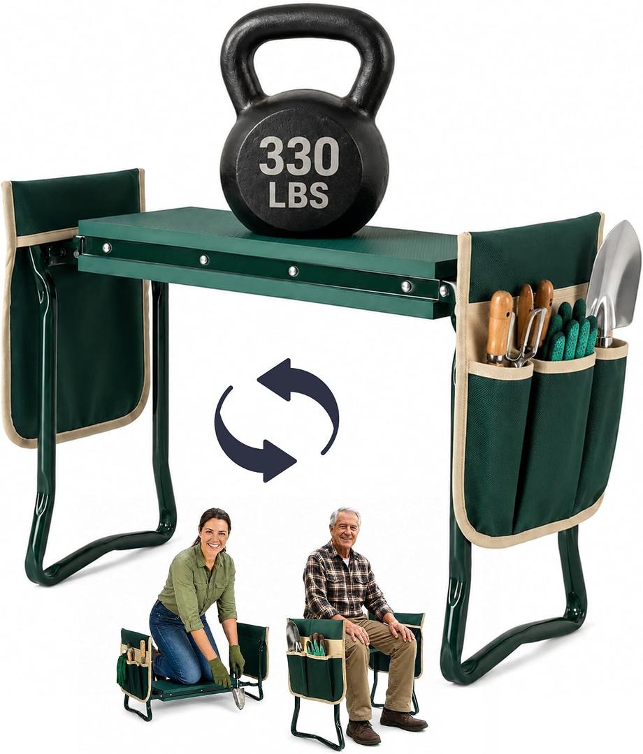 Garden Kneeler and Seat, Foldable Stool for Seniors with 2 Tool Pouches