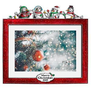 Xmas station Christmas 5x7 Picture Frame Christmas Metal Display Photo Frames with White Rhinestone High Definition Glass Front Gift Ideas Tabletop Home Decorative (2025 Snowman, Red)