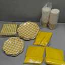 Houuqe 400 Pcs Gingham Party Supplies for 50 Guests Easter Party Yellow and White Scalloped Paper Plates and Napkins Knives Spoon Fork Cup Disposable Checkered Dinner Party Set for Baby Shower Wedding