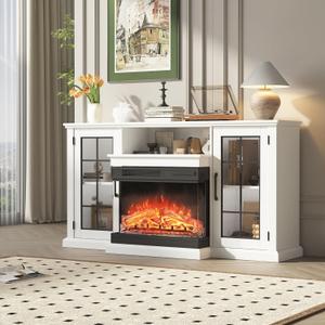 PeakPursuit Fireplace TV Stand, 59'' TV Stand with Fireplace, 24'' Electric Fireplace Insert with Realistic 3D Flame Effect, Entertainment Center with Fireplace, White