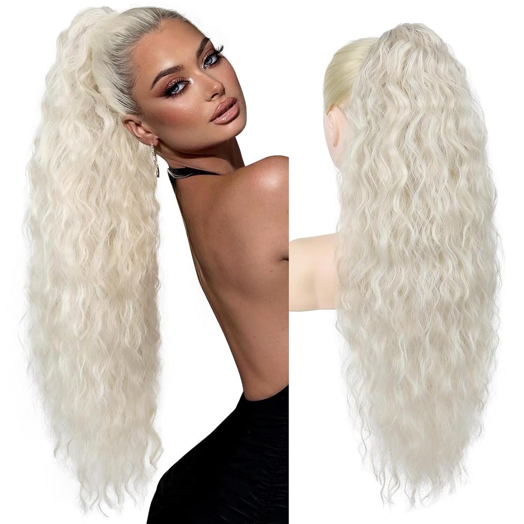REECHO Ponytail Extension 30" Long Claw Clip Ponytail Extension for Women Curly Pony Tails Hair Extensions Clip in Synthetic Hairpiece for Women, Platinum Blonde