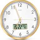 Atomic Analog Wall Clock, WWVB Self-Setting Battery Operated 14" Large Dial Non-Ticking Silent Easy to Read & Use Clock with LCD Display, Ideal Modern Home, Kitchen, Office Dcor (Gold)