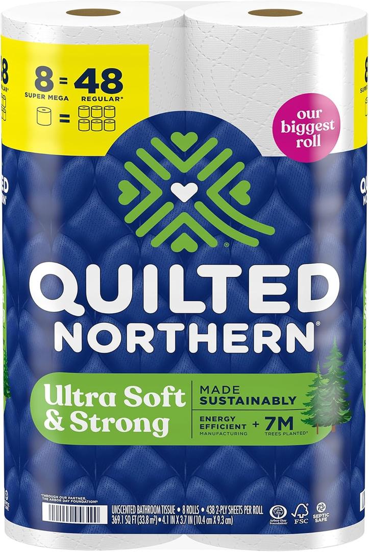 Quilted Northern Ultra Soft & Strong Toilet Paper, 8 Super Mega Rolls = 48 Regular Rolls, 5X Stronger*, Premium Soft Toilet Tissue