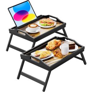 Breakfast in Bed Tray for Eating, 16.92 x 12.6 Inch Bed Table Tray with Folding Legs & Handles, Bamboo Food Lap Trays Fits for Adult Kids Eating/TV/Surgery Recovery by Easoger Set of 2