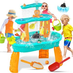 Handwell Upgraded Toddler Water Table,3-Tier Water and Sand Activity Table with Water Pump&Water Toy Accessories,Rain Showers Splash Pond Summer Outdoor Toy Outside Sensory Playset for Boy Girl Age 3+