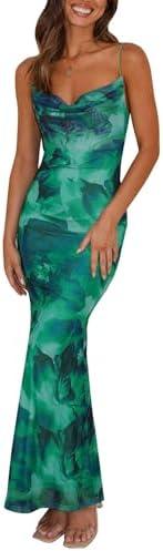 PRETTYGARDEN Women's 2026 Spring Floral Spaghetti Strap Maxi Dress Stretch Sexy Bodycon Dress Backless Slip Long Dresses S (B-Green)