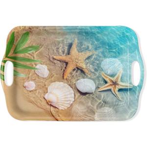 Serving Tray Decorative Tray with Handles Multi-Purpose Rectangular Serving Trays for Restaurant, Parties, Coffee Table, Kitchen - Starfish Beach (14.2" x 10" x 0.7")