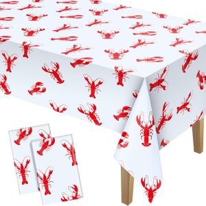 2 x Touman 3 Pieces Crawfish Tablecloth Birthday Party Lobster Table Covers White and Red Crawfish Table Cloth for Party Decoration Supplies, 108 x 54 Inches