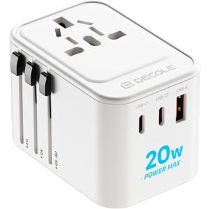 Universal Travel Adapter, International Travel Plug Adapter with 2 USB-C(PD 20W)  1 USB-A Ports, All in One Portable Adaptor, for USA, UK, EU, AU  224+ Countries (White) US