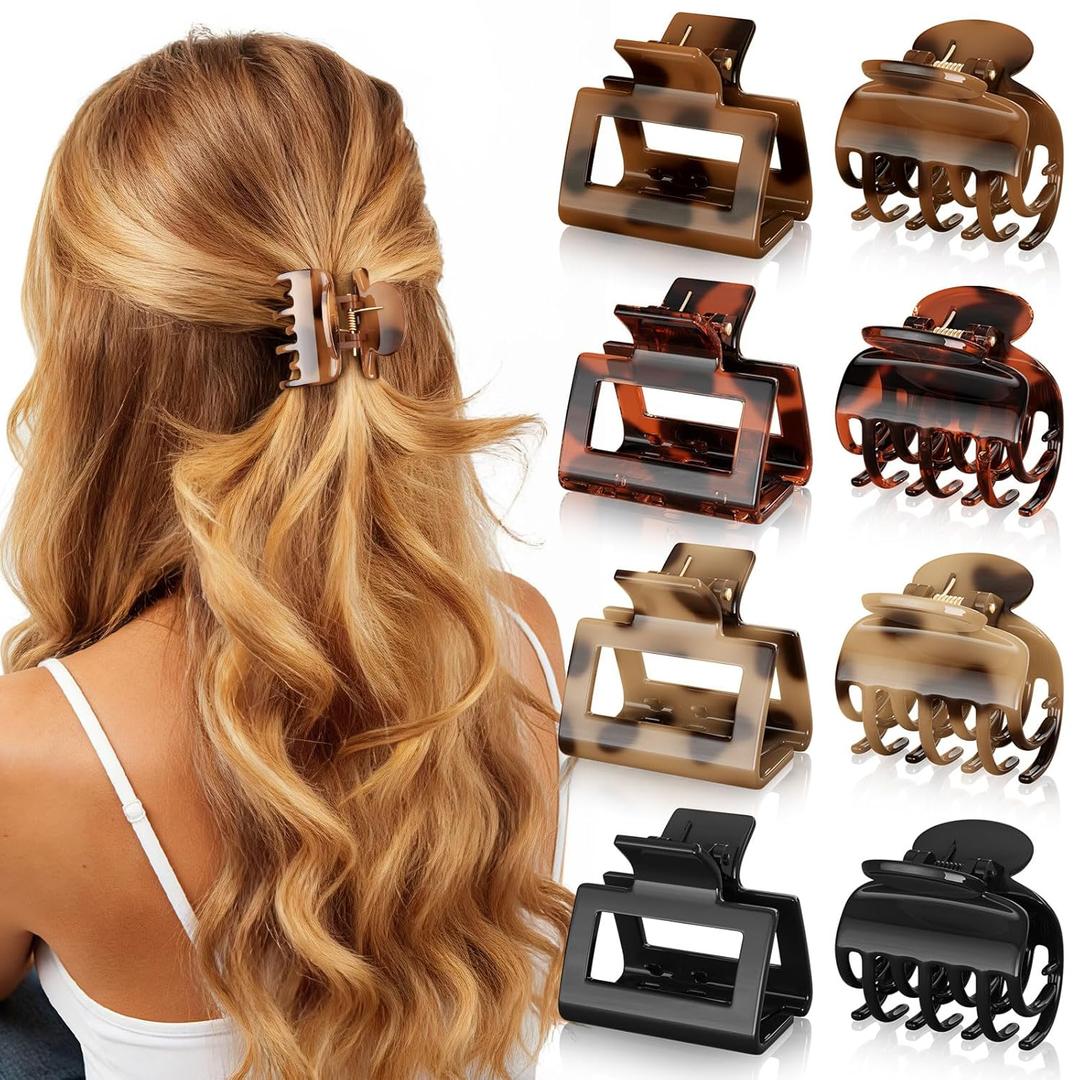 8 PCS Medium Hair Clips for Women Girls - 2 Styles Rectangle and Double Row Teeth Small Claw Clips for Thin Thick Hair, Strong Hold Jaw Clips Stylish Leopard Print Hair Accessories, Tortoise