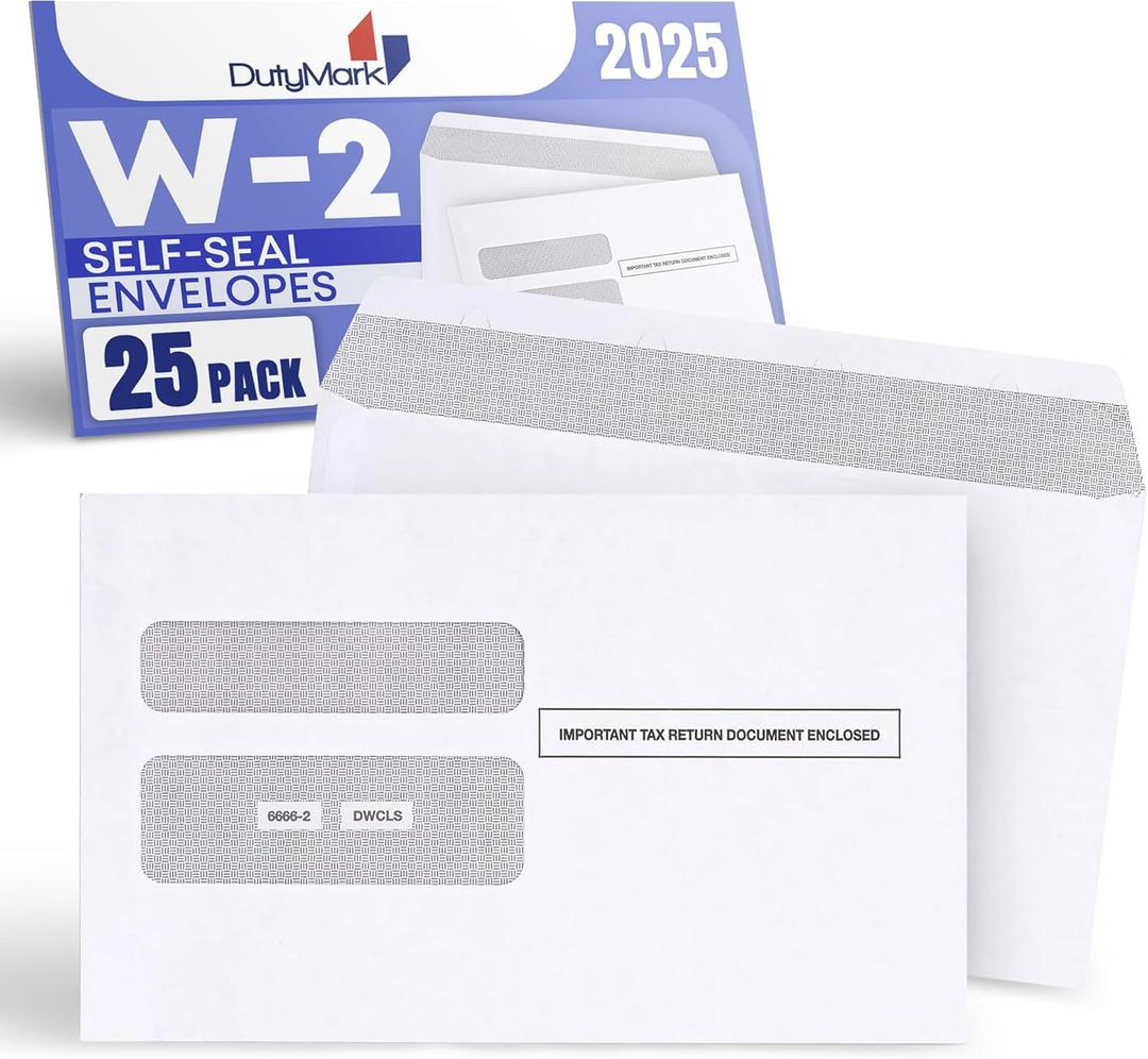 W2 Envelopes Self-Seal Designed for Printed W2 2 Up Laser IRS Tax Forms, 25 of Double Window Security Envelope, For QuickBooks Desktop and Other Tax Software, 5 5/8 x 9