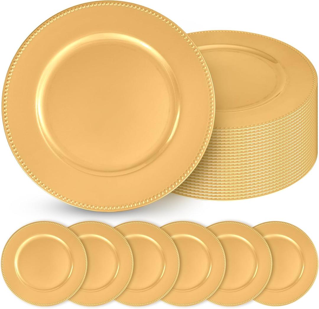 Teruntrue 24 Pcs Gold Charger Plates with Beaded 13 Inch Plastic Charger Plates for Dinner Plate, Gold Chargers for Table Setting, Round Chargers Plate for Wedding Party Holiday Event Tabletop Decor