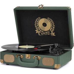 Vinyl Record Player Bluetooth Turntable 3-Speed Suitcase Portable Vintage Belt-Driven Record Player with Built-in Speakers RCA Line Out AUX in Headphone Jack Military Green