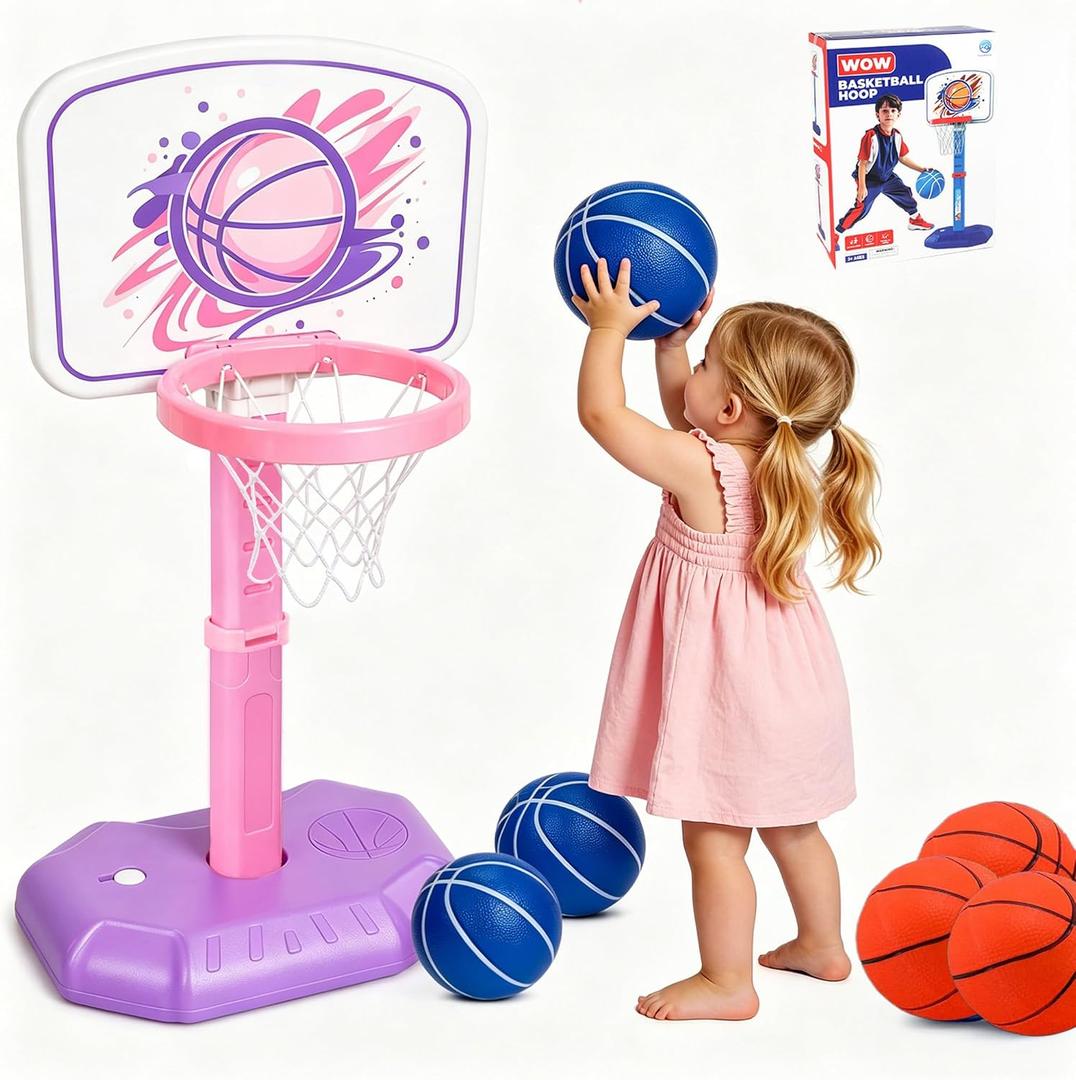Toddler Basketball Hoop for Kids 1-3, Adjustable Height Mini Indoor Outdoor Basketball Set with 6 Soft Balls, Easy Score Toy for Boys Girls 2-5 Year Old, Develop Motor Skills & Hand-Eye Coordination