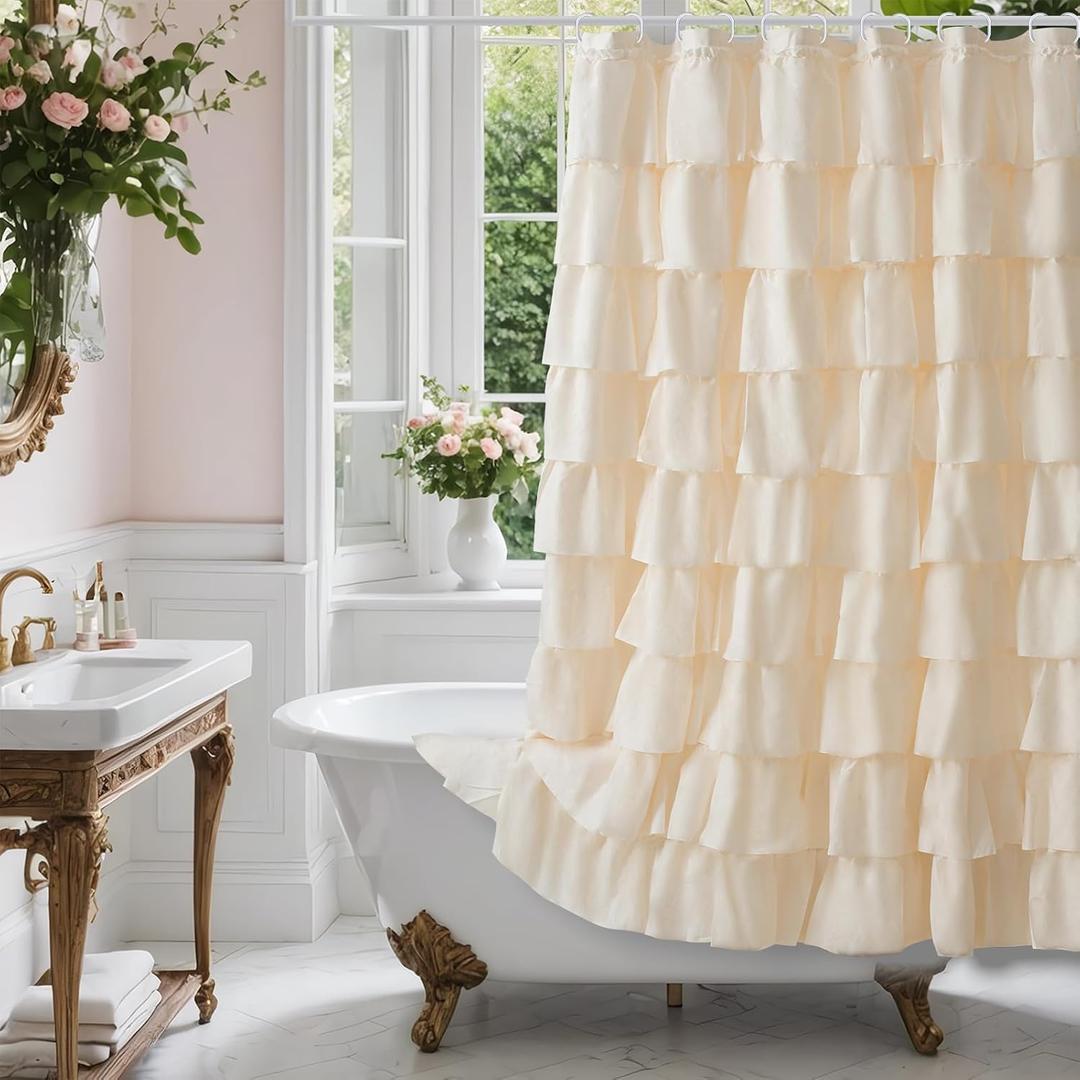Beige Ruffle Shower Curtain - Farmhouse Ruffled Design, Cream Boho Bathroom Curtain with Elegant Layered Ruffles, Rustic Shabby Chic Style, 72x72 Fabric Decorative Drapes