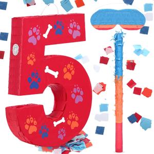 Hiboom 13.7 Inch Dog Paw Red Piata 5th Birthday Party Decoration Piata with 9.8 Inch Stick Blindfold Confetti Number 3 4 5 Birthday Themed Gifts for Kid Boy Girl Fun Dog Footprints Bone Photo Prop