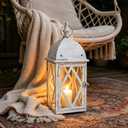 17" Vintage Distressed White Metal Lantern, Glass Paneled Hanging Candle Lantern, Rustic Farmhouse Decor for Indoor & Outdoor Patio, Garden, Wedding & Entryway Display