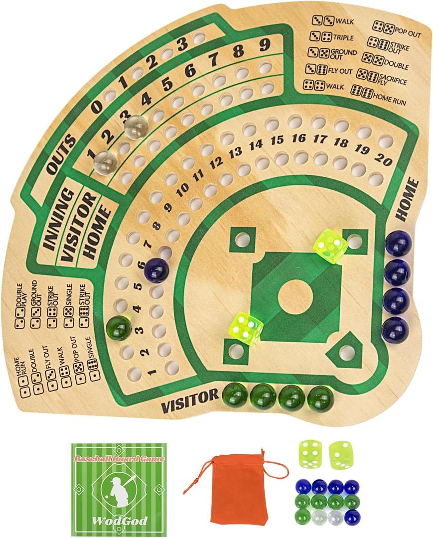 WodGod Baseball Board Game,Baseball Dice Board Game,Solid Wood,12 Colourful Beads and Dice,Manual Included,Portable,Perfect for Home Party,Family Night and Road Trip (Sector)
