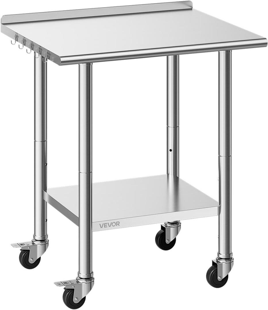 VEVOR Stainless Steel Work Table, 24x30 inch Food Prep Table with Wheels and Backsplash, Commercial Kitchen Workstation with Adjustable Undershelf, Metal Utility Worktable, for Restaurant Home Outdoor