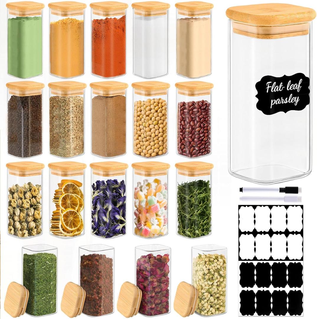 TBWIND 20 Pack 10 oz Square Glass Spice Jars with Lids and Labels Airtight Small Spice Containers Set, Clear Glass Storage Jars for Seasoning, Spices, Kitchen Pantry Organization