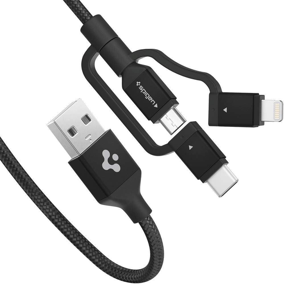 Spigen DuraSync 3 in 1 Universal Charger Cable, Micro USB/Lightning/USB C adapters [MFi Certified], 4.9ft Premium Braided Multi Charging Cable for iPhone 12/Pro/Max/Mini/SE/iPad/Galaxy/Pixel & More (Black)