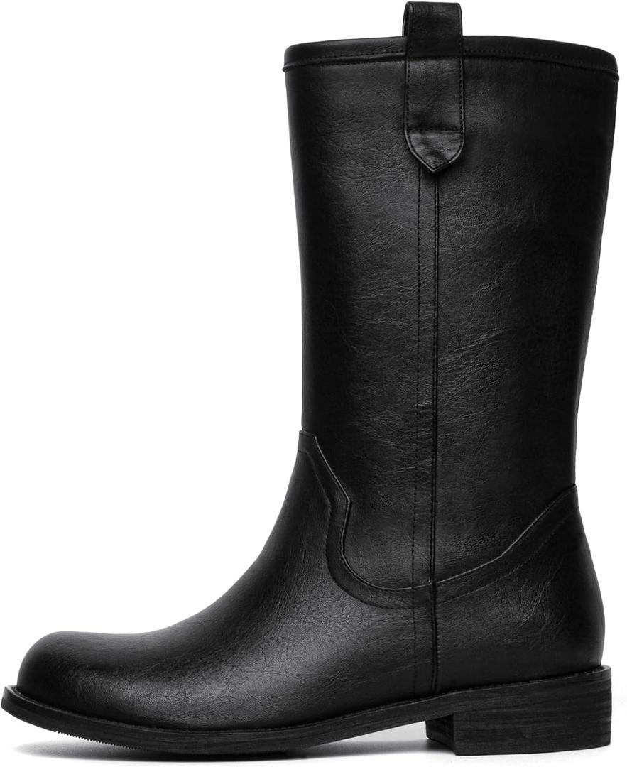 Mid Calf Boots for Women Pull On Chunky Block Low Heel Round Toe Campus Boot Comfortable Casual Boots, 10