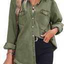 Zilcremo Women Denim Shirt Chambray Collared Jean Shirts Long Sleeve Pocket Button Down Blouses (XX-Large, Green)