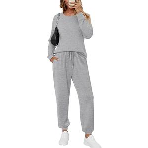 KISSMODA Womens Two Piece Sets 2025 Casual Sweatsuit Outfits Tracksuits Long Sleeve Crewneck Tops and Pants Lounge Set Light Grey XX-Large
