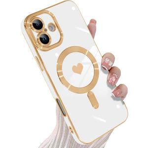 KANGHAR Magnetic for iPhone 16 Case for Women Girls Luxury Plating Cute Love Hearts Design Compatible with Magsafe Soft TPU Bumper Shockproof Cover for iPhone 16 Cases White