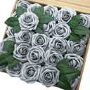 Jing-Rise Artificial Flowers 50PCS Real Looking Fake Roses with Stem for DIY Wedding Bouquets Centerpieces Party Baby Shower Home Decorations (Silver Grey)
