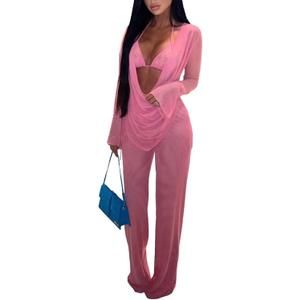 EDITCOZY Women Mesh Sheer 3pcs Outfits Long Sleeve Top Long Pant Bikini Cover Up (XX-Large, Pink)