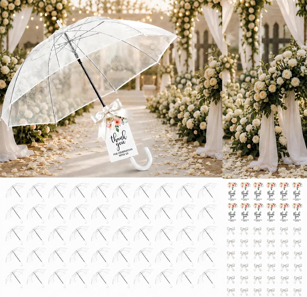 50 Pack Wedding Clear Umbrella Bulk for Rain, Transparent POE Auto Open,Large Windproof Stick Umbrellas with White J-Hook Handle for Guests, Wedding Bride Groom Photography, Prom, Graduation, Golf, Parties, Transparent Umbrella.