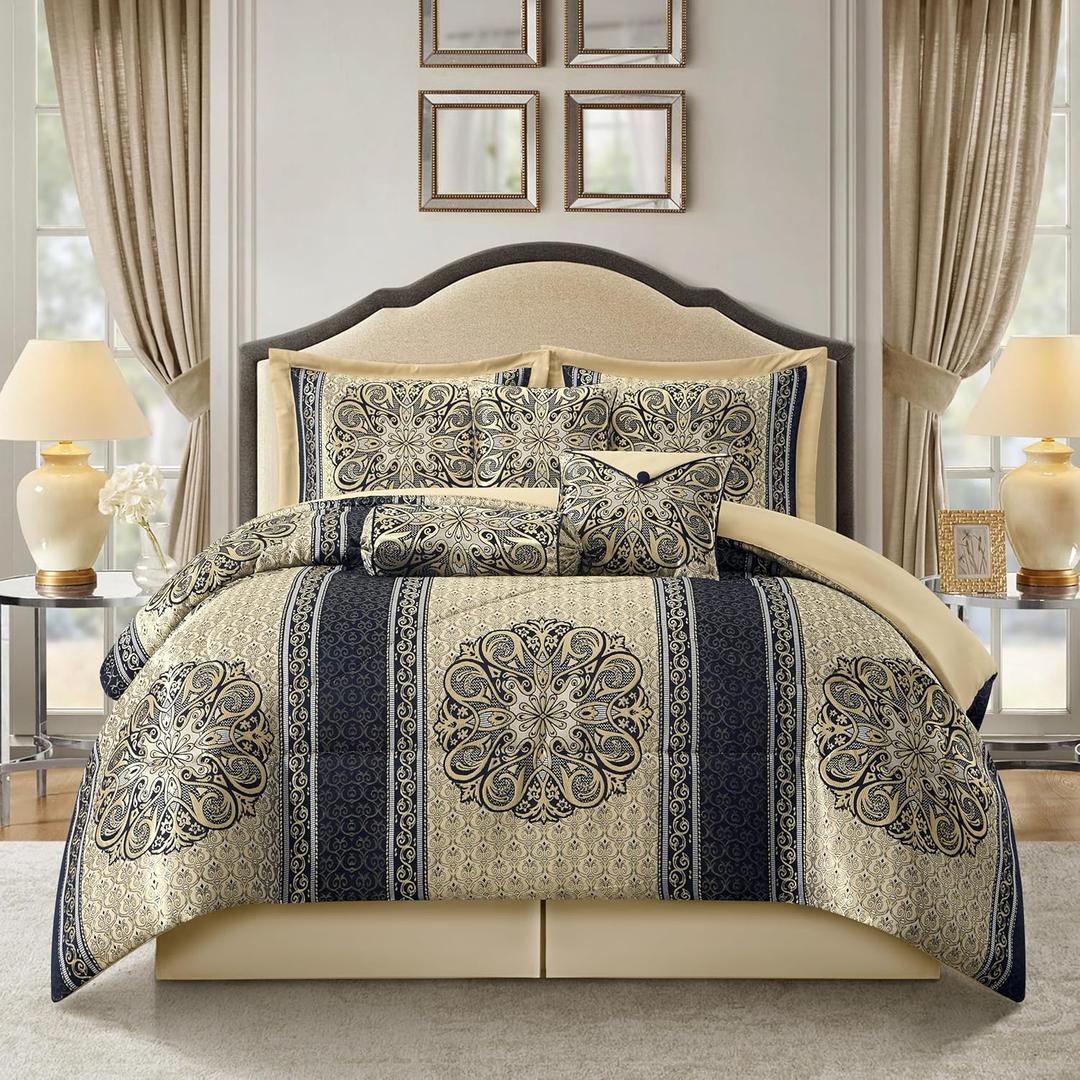 Stratford Park Medallion 7 Piece Navy Comforter Set, California King Size Jacquard Bedding, All Season Bedding Set, Bed Skirt, Pillows & Shams