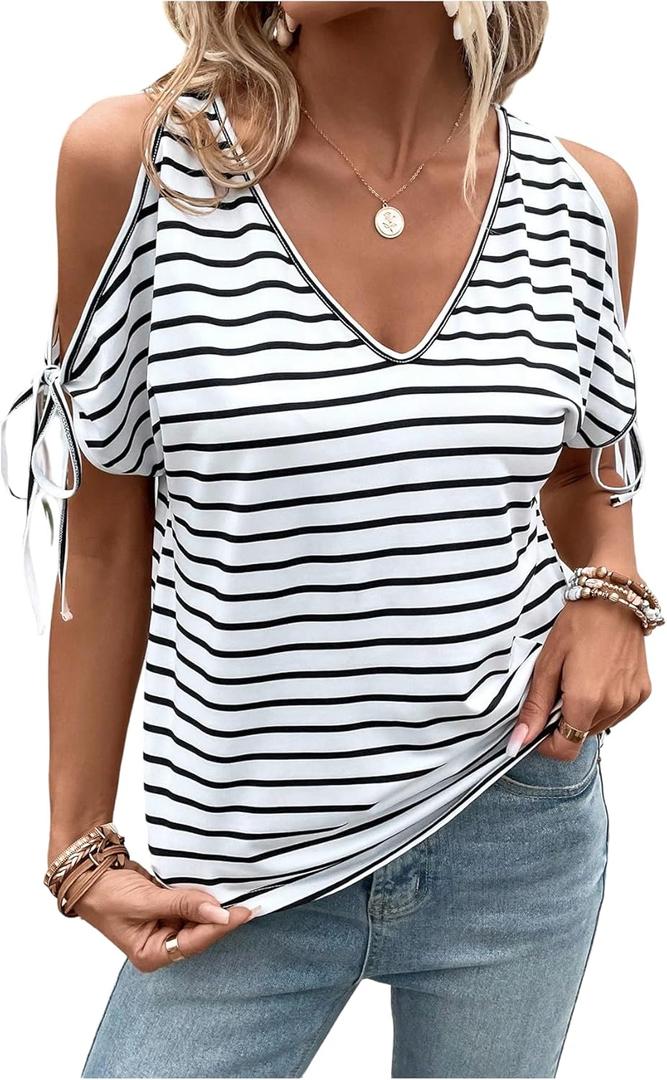 Verdusa Women's Bow Tie Cold Shoulder Striped Graphic Tees Summer Tunic Going Out Tops Small