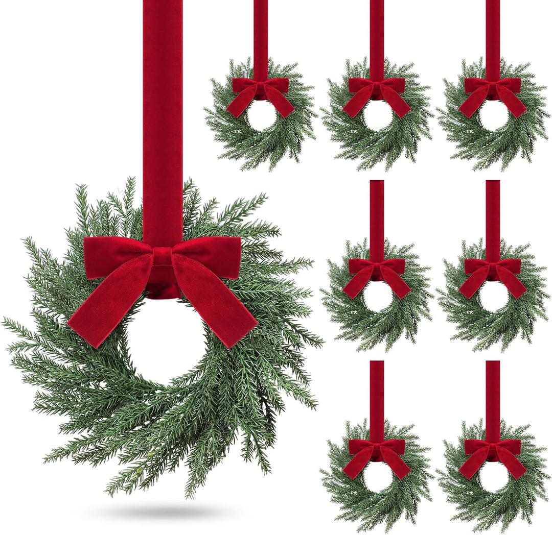 8 Pcs Small Christmas Norfolk Wreaths Evergreen 12.6 Inch Christmas Kitchen Cabinet Mini Wreaths Real Touch with Bow and Burgundy Ribbon for Xmas Front Door Window Home Table Pillar Decor
